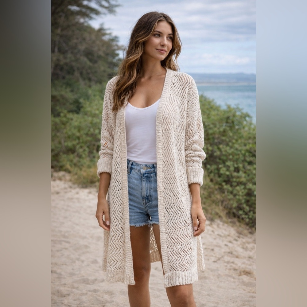Tahari Cream Open-Knit Long Cardigan